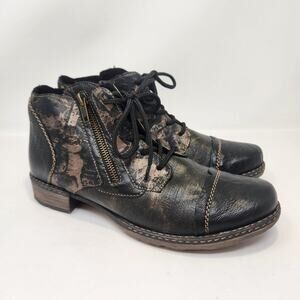 Remonte Black Metallic Leather Ankle Boots Women Size 39 US 8 Side Zip Comfort